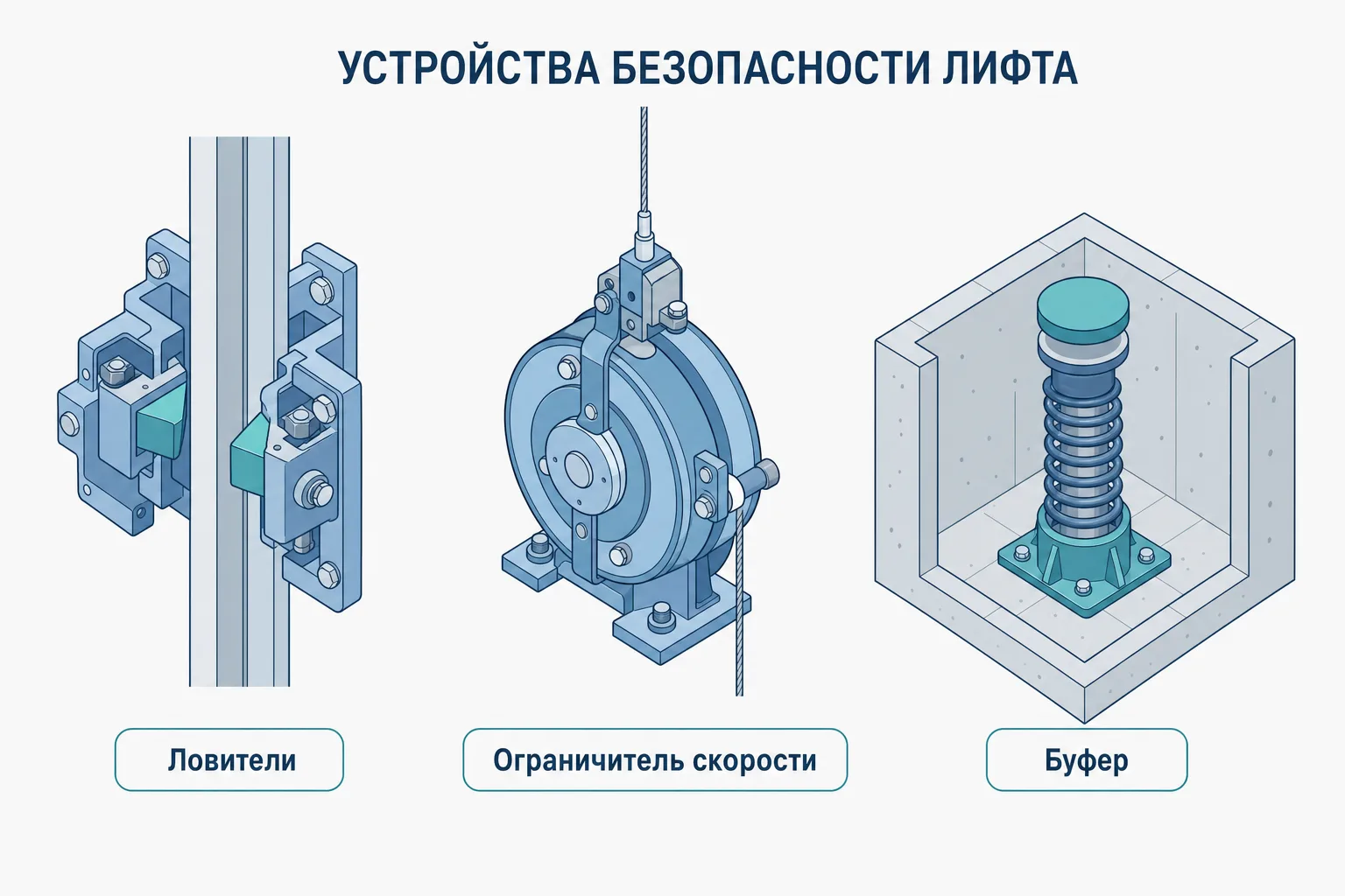 Устройства безопасности лифта: ловители, ограничитель скорости, буфер